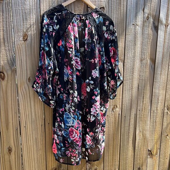 Express Fall Floral Black Pink Sheer Lace Open-Front Kimono Cover Up Shaw Wrap M - Picture 11 of 13